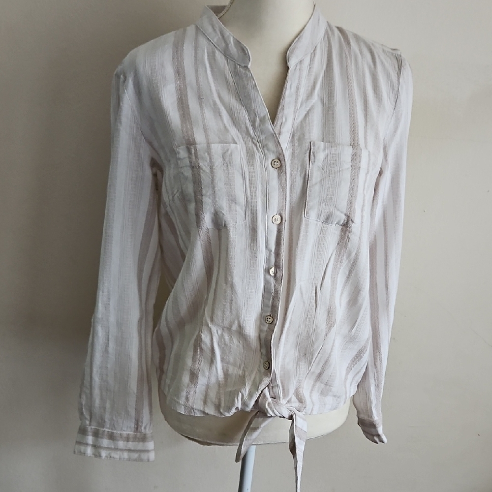 JM Collection White Gray Striped Line Blend Button-Down Shirt Top Size Small